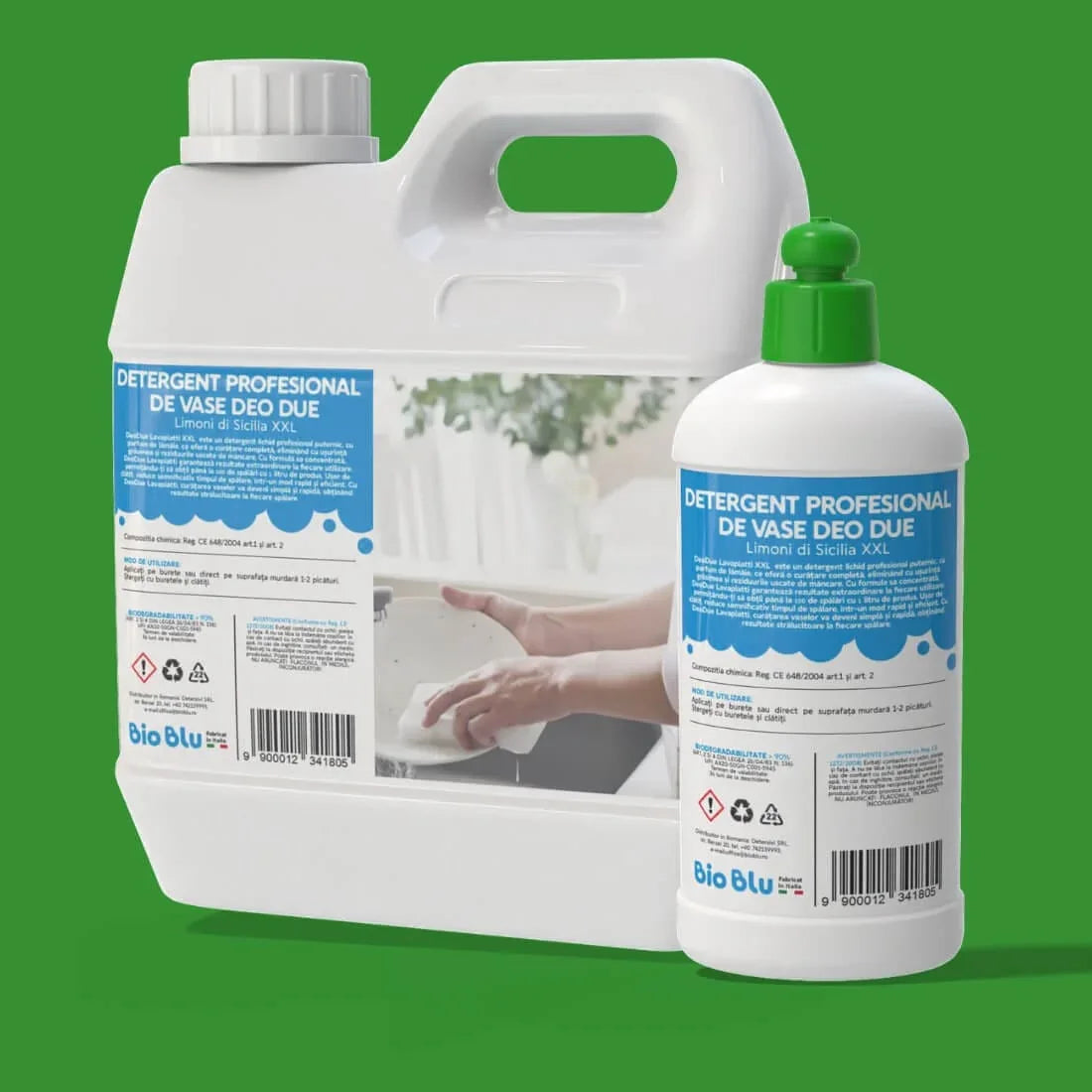 Detergent de vase LIMONE, capacitate 1kg și 3kg, ambalaj alb cu etichete albastre, capac verde.