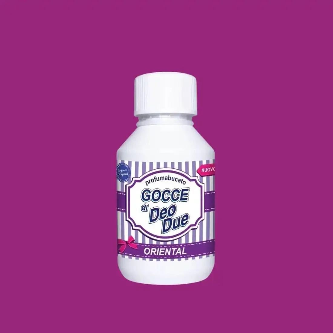 Sticlă GOCCE Di Deo Due Oriental 150ml, alb cu dungi mov, etichetă violet.