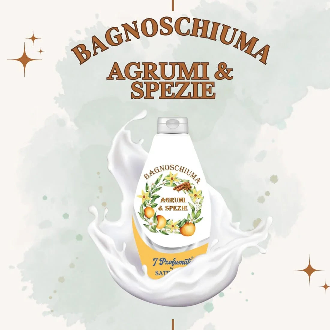 Gel de duș AGRUMI SPEZIE 450 ml în sticlă albă cu grafică citrice și scorțișoară, capac argintiu.