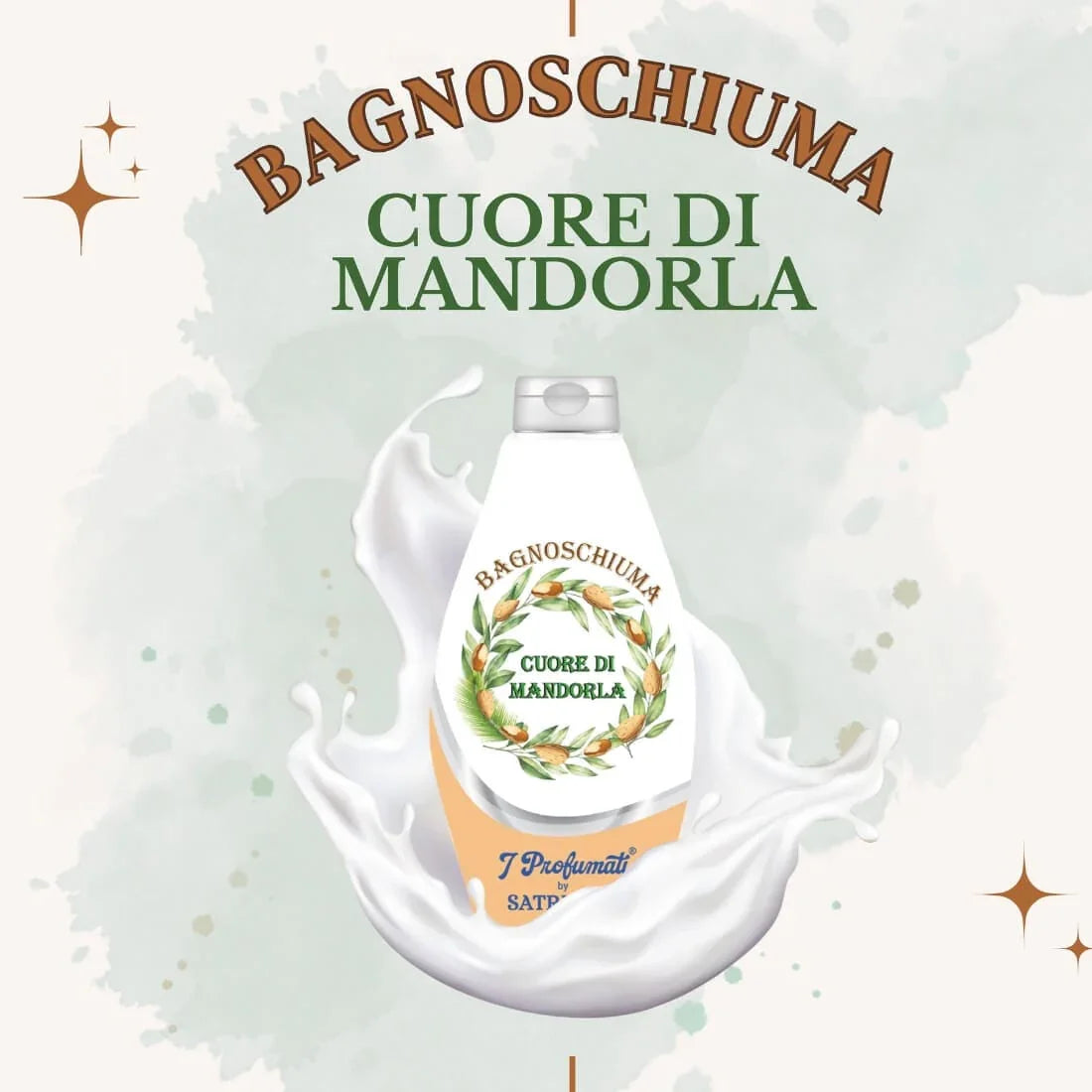 Gel de duș CUORE Di Mandorla 450 ml, design flacon alb cu capac gri, motiv frunze verzi, ideal piele sensibilă.