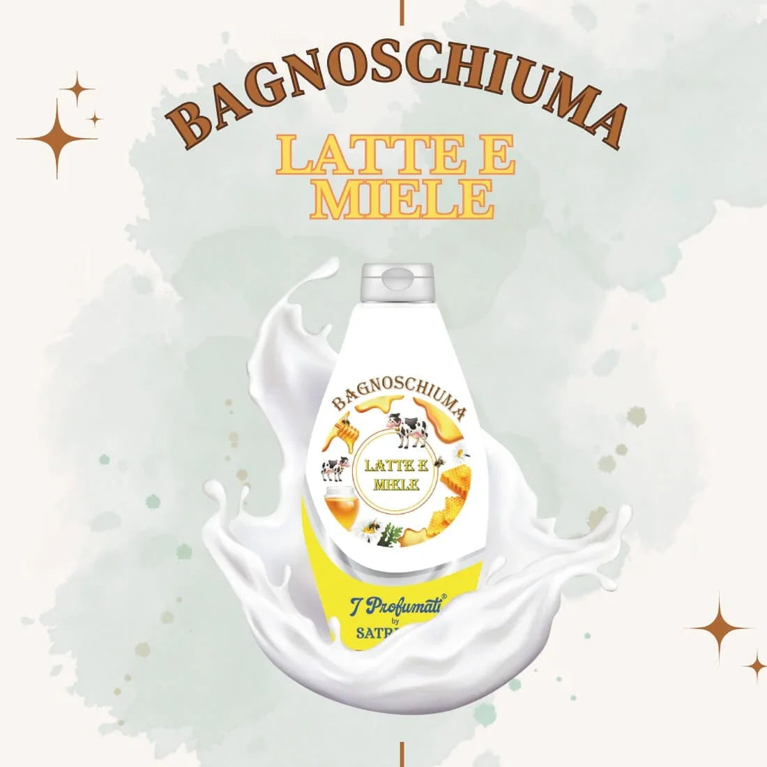 Gel de duș Latte e Miele Satricum, 450 ml, ambalaj alb și galben, cu grafică de lapte și miere.