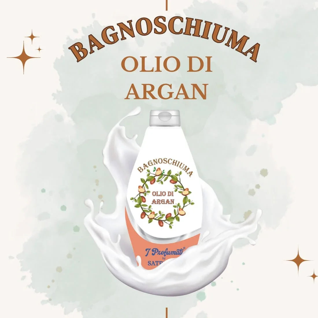 Gel de duș OLIO di ARGAN 450 ml, sticlă albă cu design floral și eticheta maro, fundal crem.