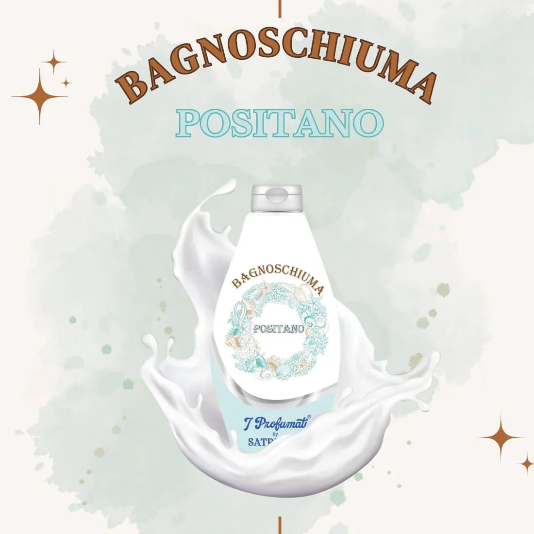 Gel de duș POSITANO 450 ml, sticlă albă cu design floral, capac argintiu.