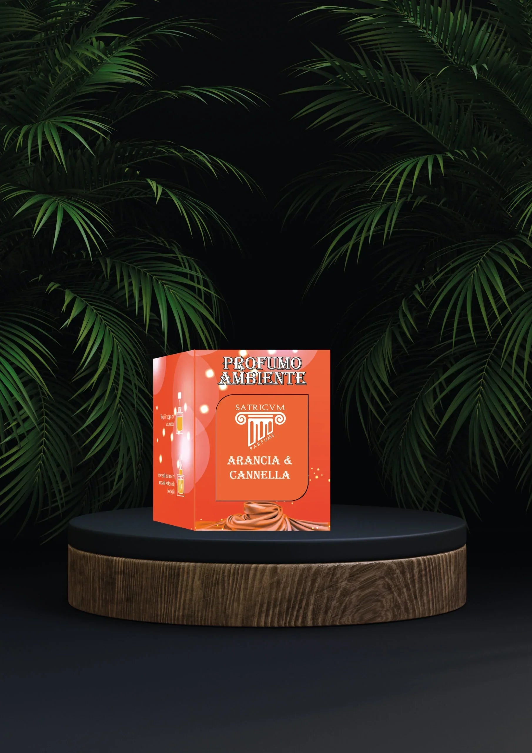 Odorizant cameră SATRICVM Arancia&Cannella 260 ml, ambalaj portocaliu pe fundal cu plante verzi.