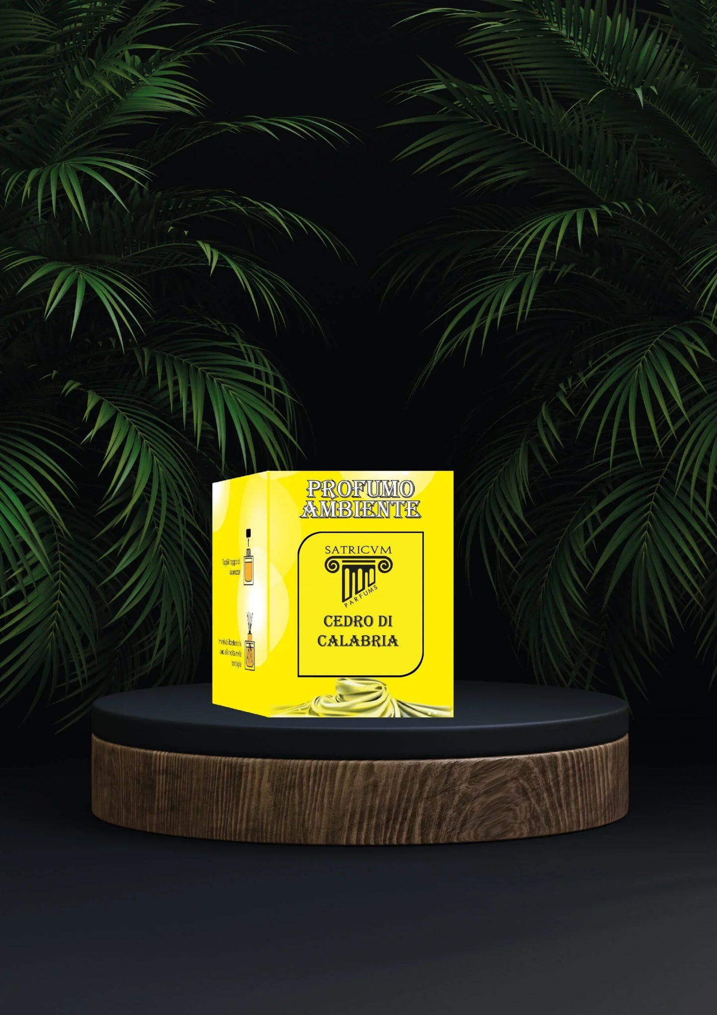 Odorizant SATRICVM Cedro di Calabria 260ml, ambalaj galben, scenă cu plante verzi.