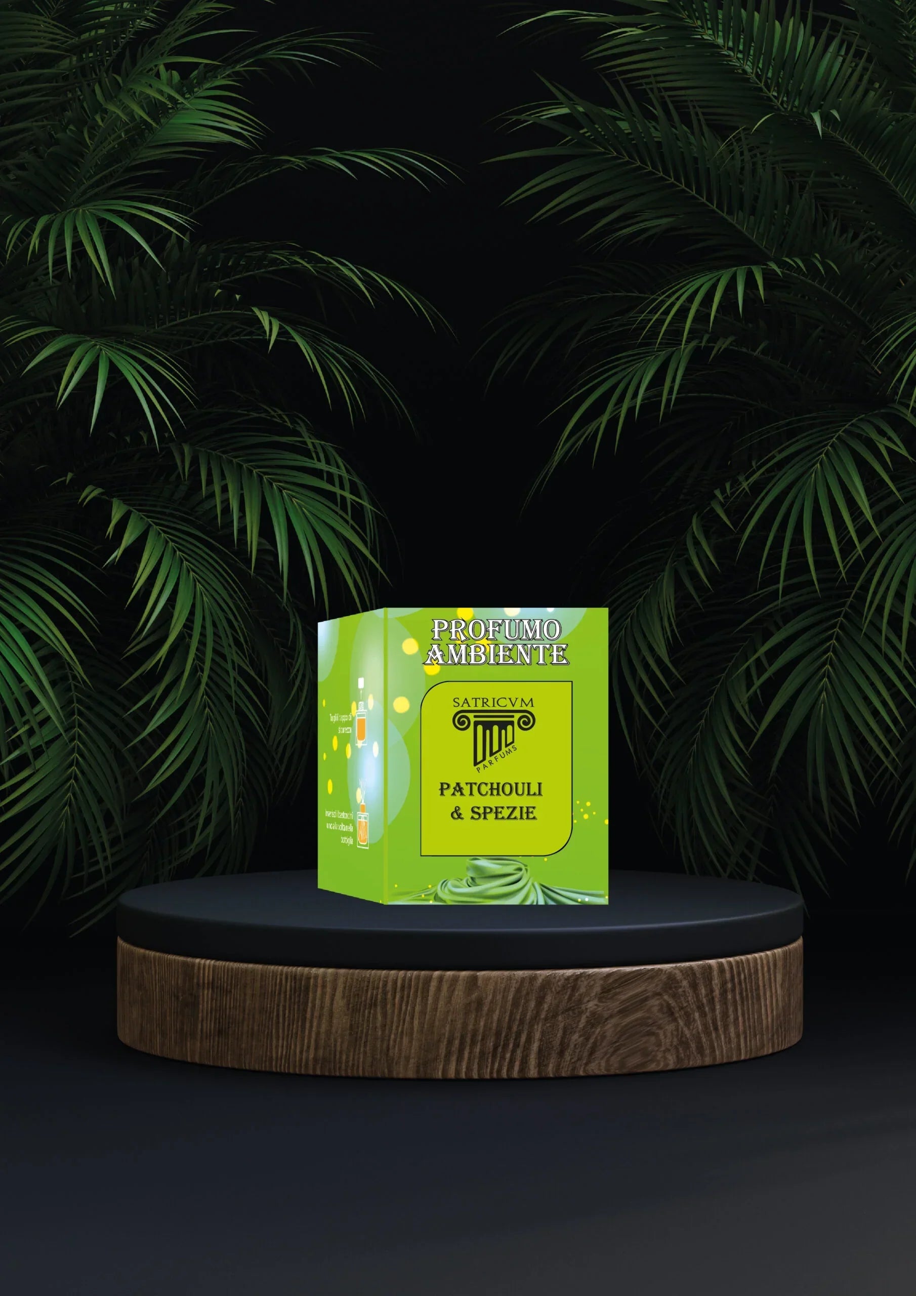 Odorizant cameră SATRICVM Patchouly&Spezie 260ml, cutie verde pe fundal cu plante.