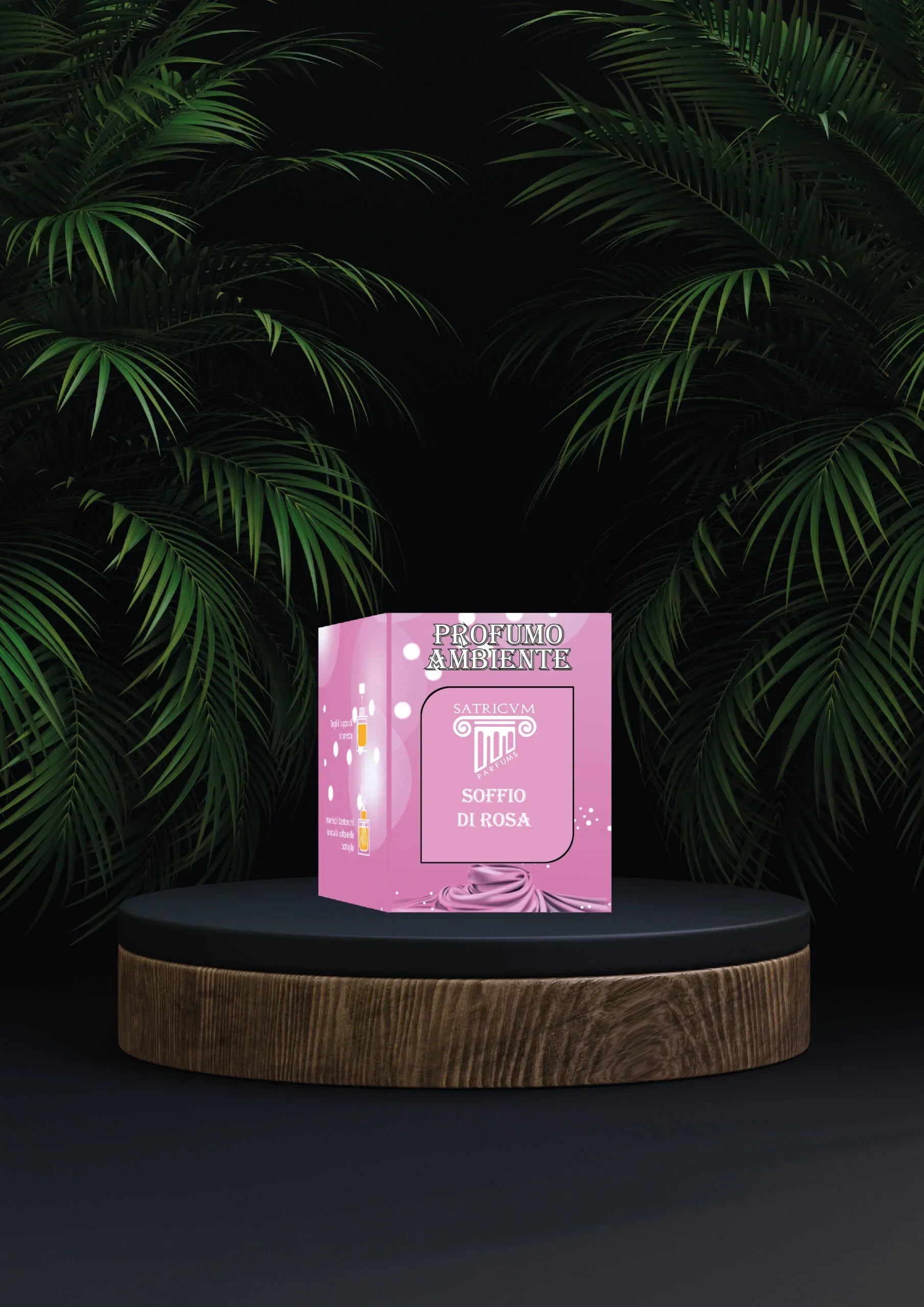 Odorizant cameră SATRICVM Soffio di Rosa 260ml, cutie roz, fundal cu frunze verzi.