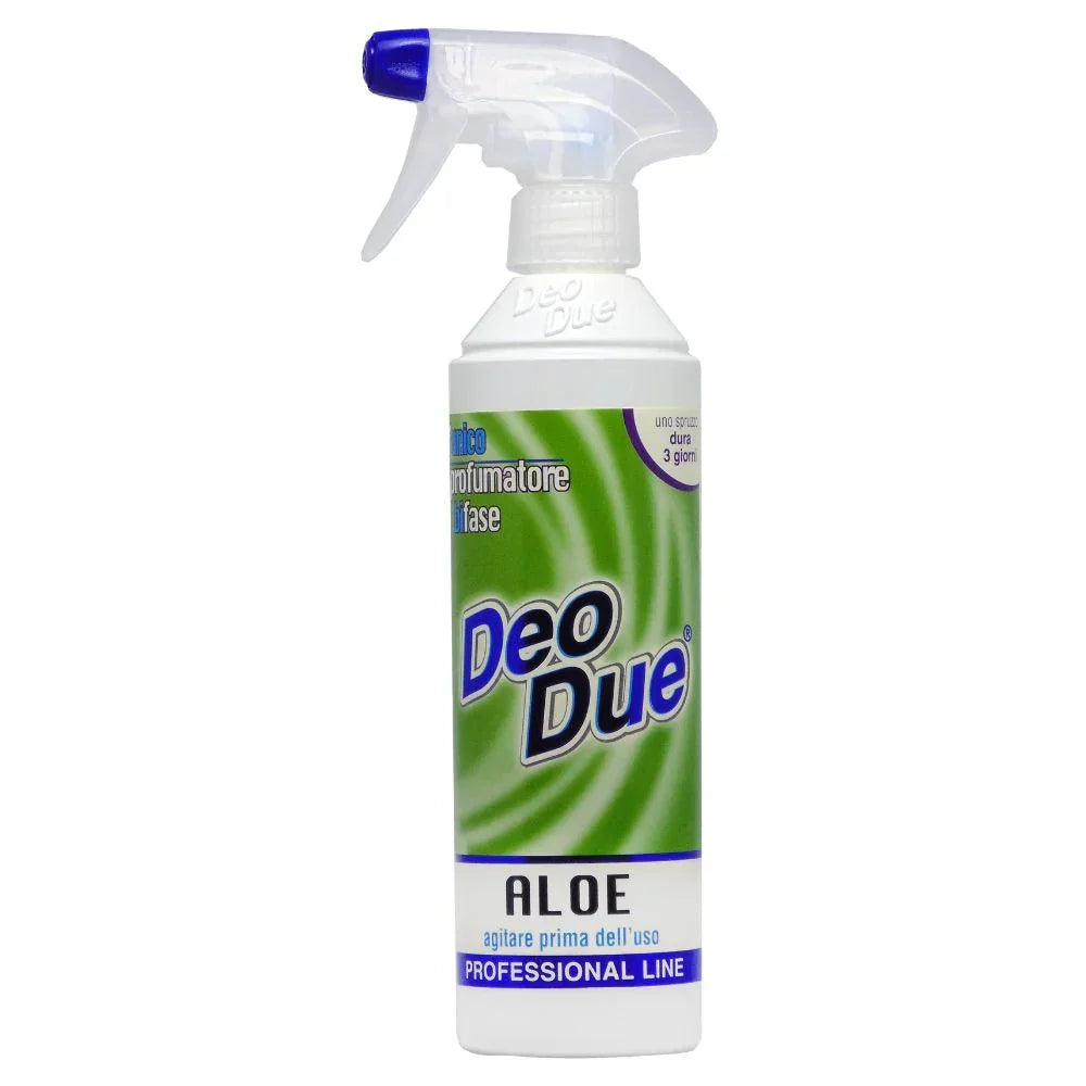 Odorizant Deo Due Aloe 500 ml, flacon alb cu pulverizator, etichetă verde.