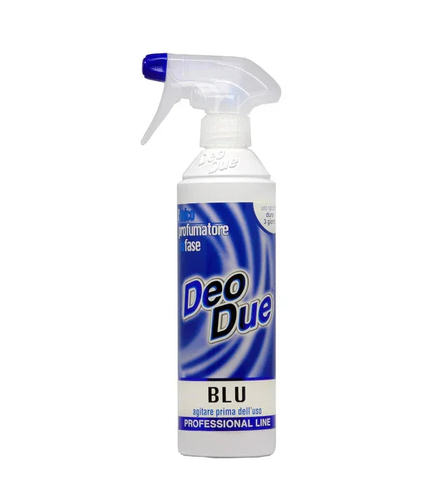 Odorizant Deo Due Blu 500 ml, pulverizator albastru și alb, etichetă Profesională.