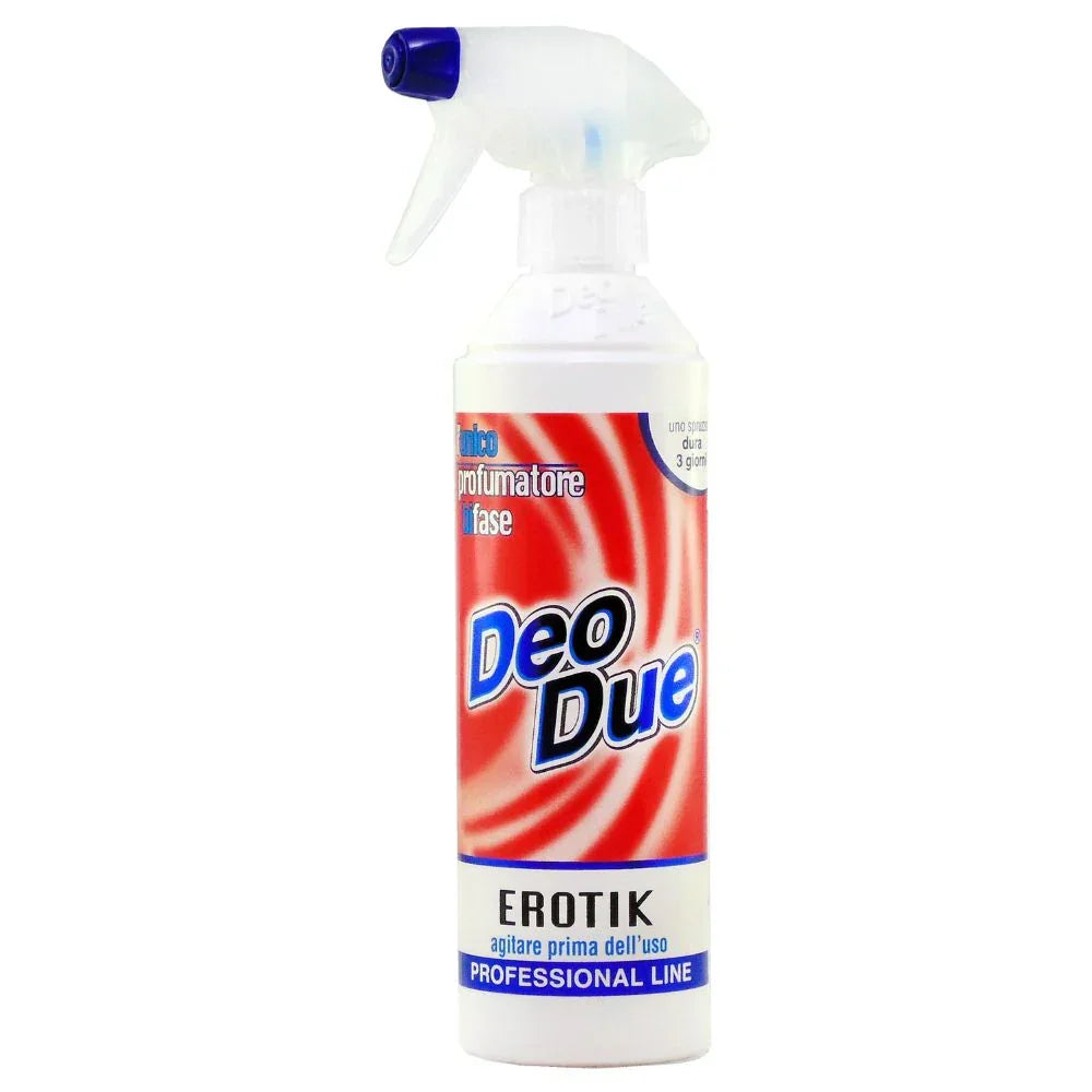 Odorizant Deo Due Erotik 500 ml, spray alb-roșu, capac transparent.