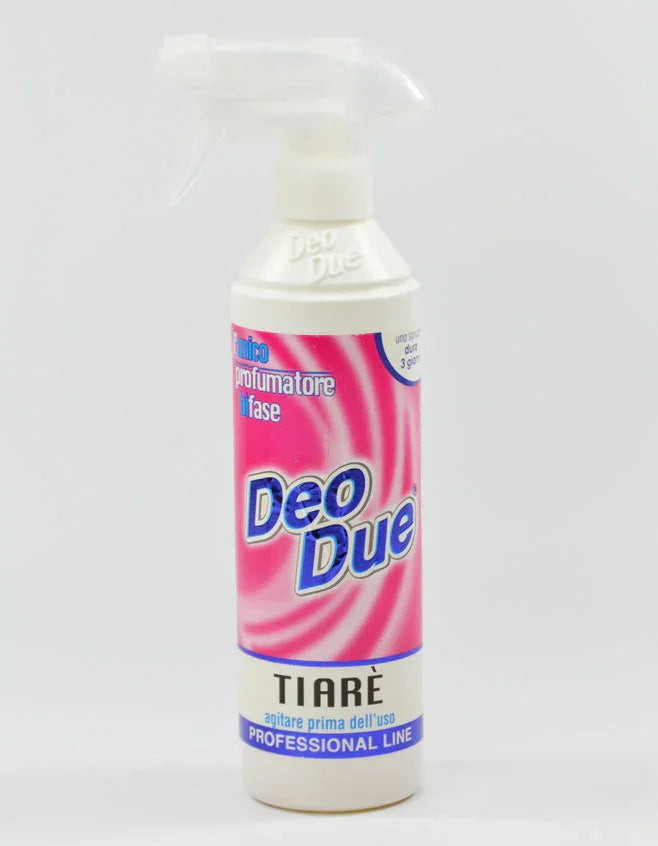 Odorizant Deo Due Fiore de Tiare 500 ml, sticlă albă cu etichetă roz.