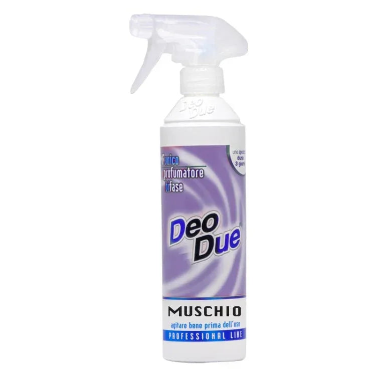Odorizant Deo Due Muschio 500 ml, sticlă albă, etichetă violet.