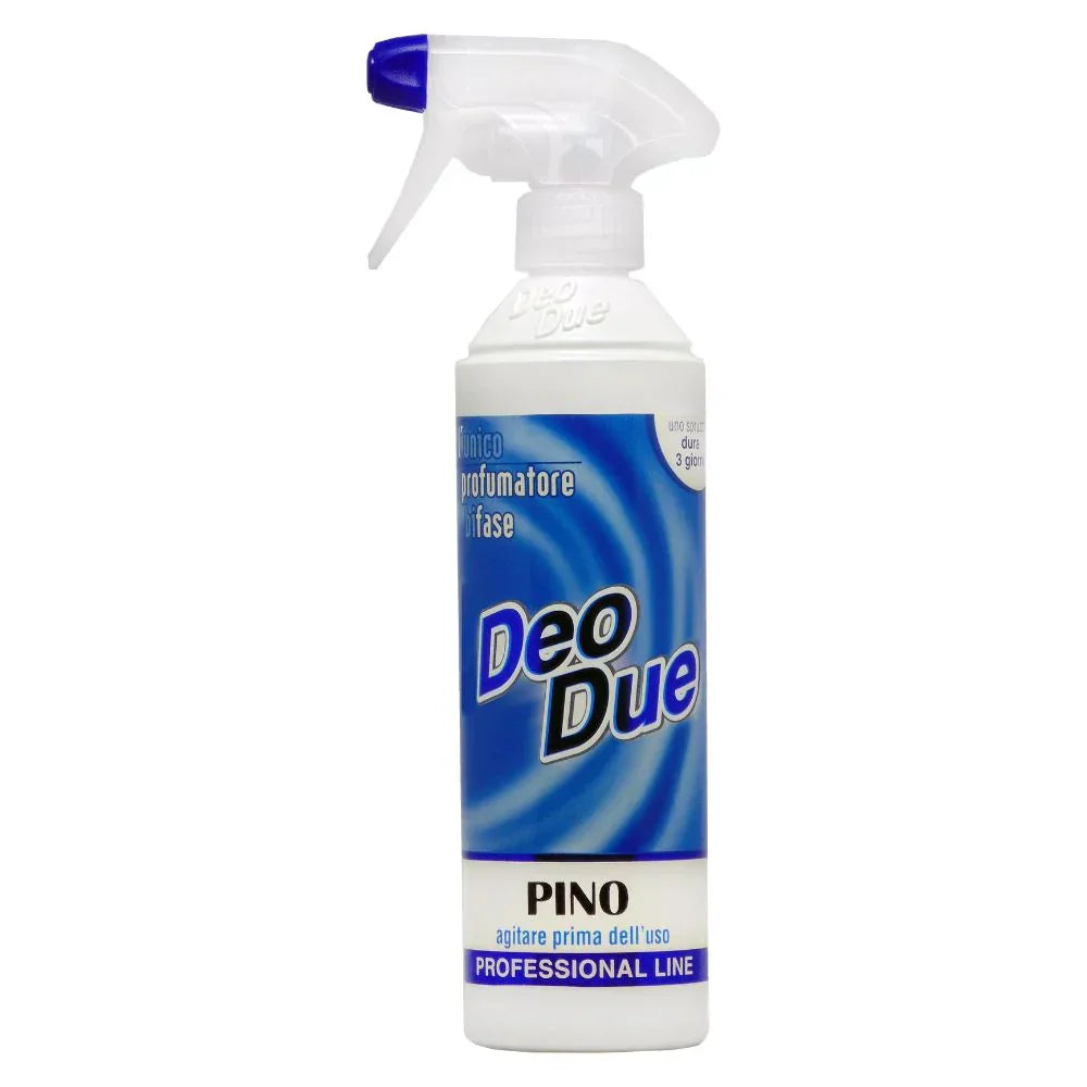 Odorizant Deo Due Pino 500 ml, sticlă albă cu etichetă albastră, pulverizator transparent.