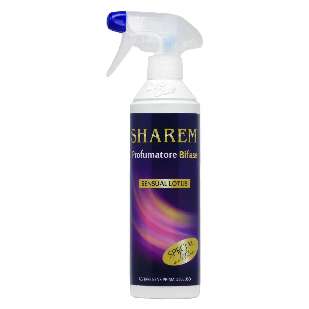 Odorizant Deo Due Sharem 500 ml, etichetă albastră cu text galben, pulverizator transparent.
