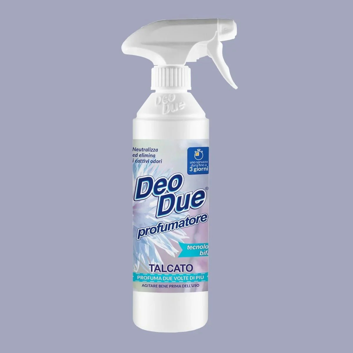 Odorizant Deo Due Talcato 500 ml, sticlă albă cu pulverizator, etichetă albastru și alb.