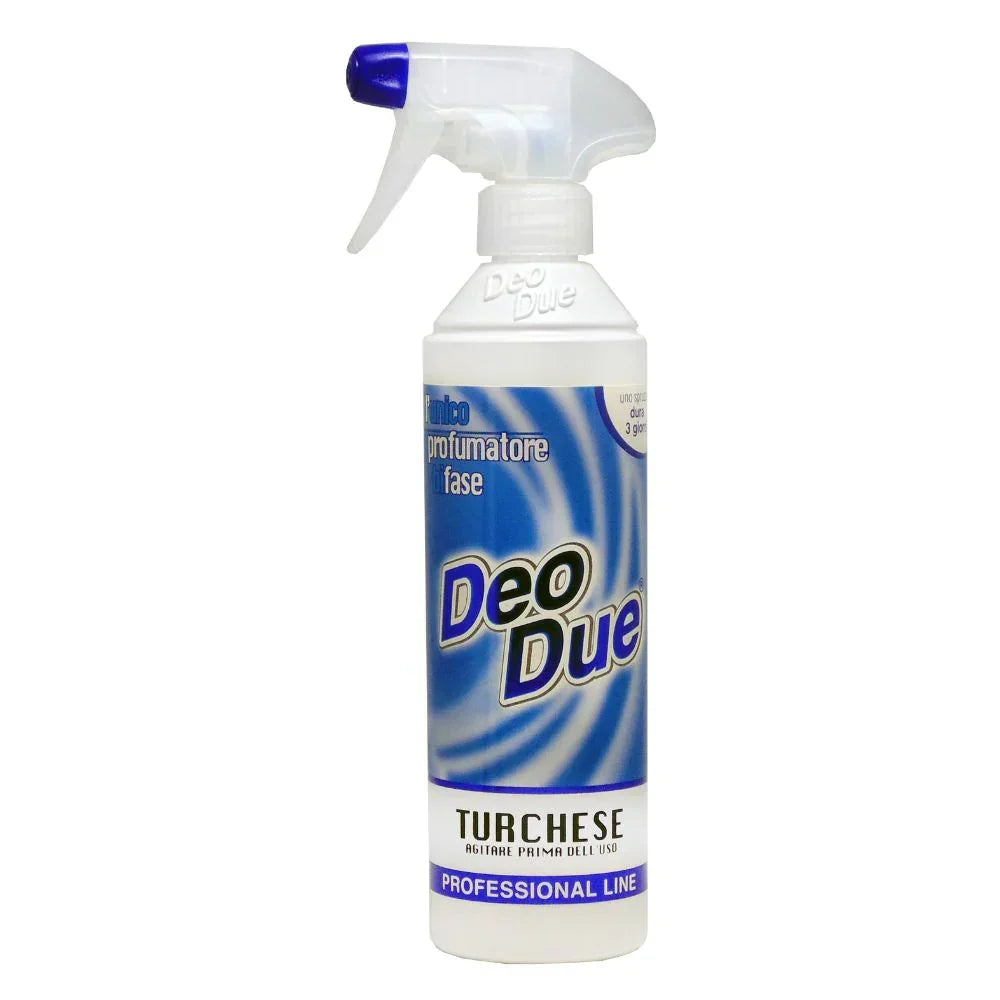 Odorizant Deo Due Turchese 500 ml, sticlă alb-albastru, pulverizator ergonomic.