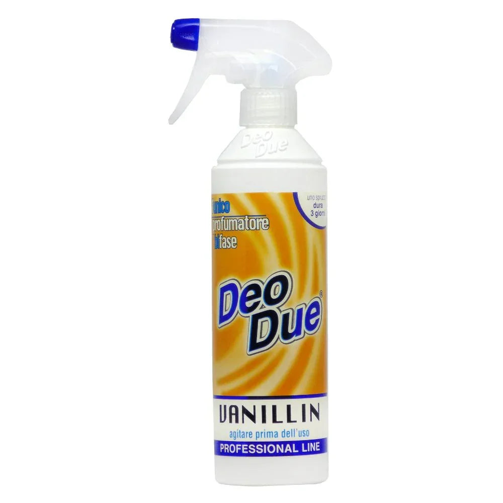 Odorizant Deo Due Vanillin 500 ml cu pulverizator alb și capac albastru.