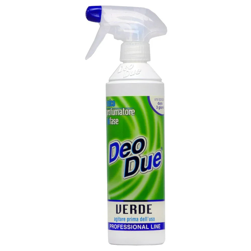 Odorizant spray Deo Due Verde 500 ml, etichetă verde, pulverizator alb și albastru.