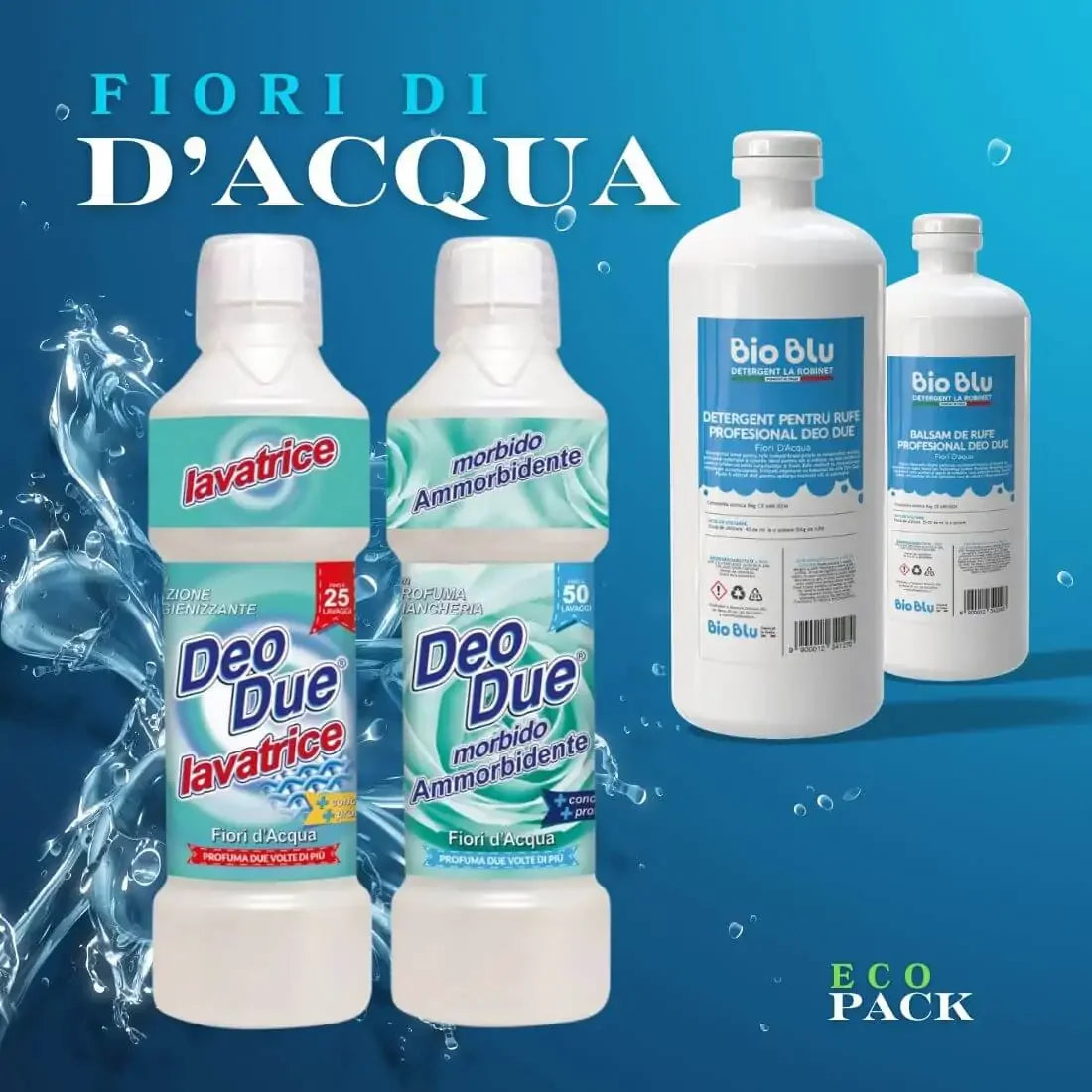 Pachet Fiori di Acqua Deo Due, detergenți și balsam lichid în sticle albe și etichete albastre.