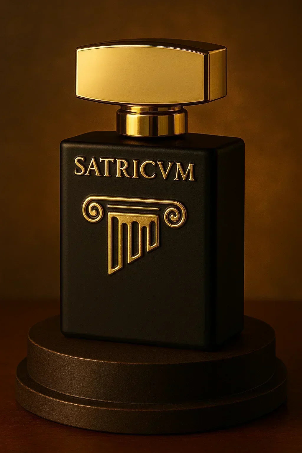 Sticlă neagră parfum unisex cu design auriu ALPHA-94, capac auriu, volum 50ml, în stil elegant.