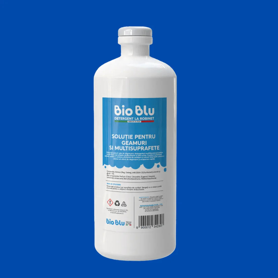 Soluție geamuri și multisuprafețe Bio Blu, sticlă albă 1kg, etichetă albastră.