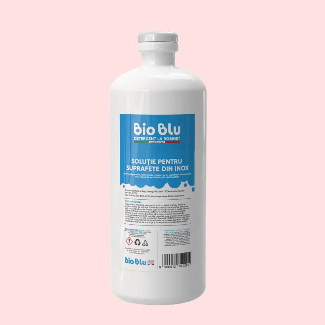 Soluție pentru inox Bio Blu, ambalaj plastic alb, etichetă albastră.