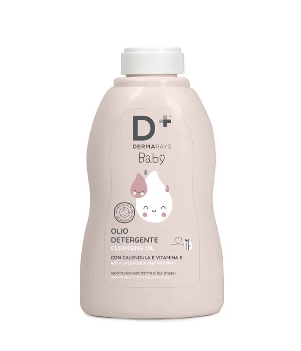 Sticlă ulei de curățare Baby DERMARAYS 200ml, etichetă roz cu desen al unei picături.